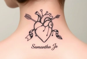 anatomical heart pierced by ornate arrow with flowing ribbons with the name Samantha Jo tattoo idea