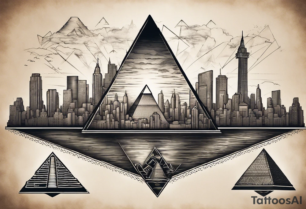 Create a visually dynamic tattoo that seamlessly blends the timeless elegance of the three Pyramids of Giza with the modern allure of the Manhattan skyline. Envision the pyramids standing majestically, perhaps incorporating subtle Egyptian motifs like hieroglyphs or an ankh, transitioning smoothly into the iconic structures of New York, such as the Empire State Building and One World Trade Center. tattoo idea