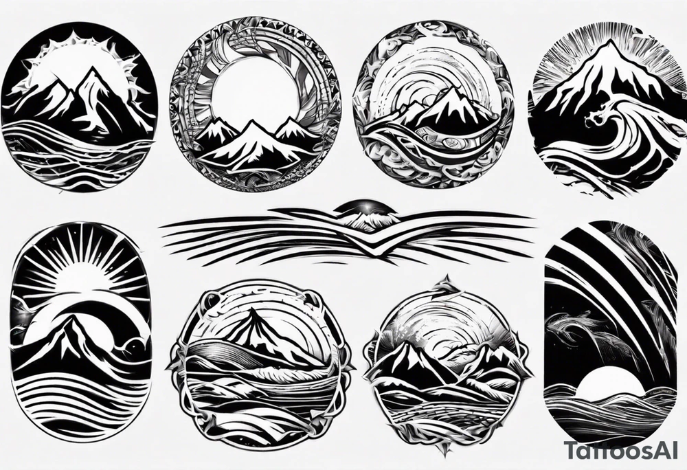 sleeve, mountains, waves, sun tattoo idea