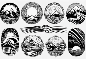 sleeve, mountains, waves, sun tattoo idea