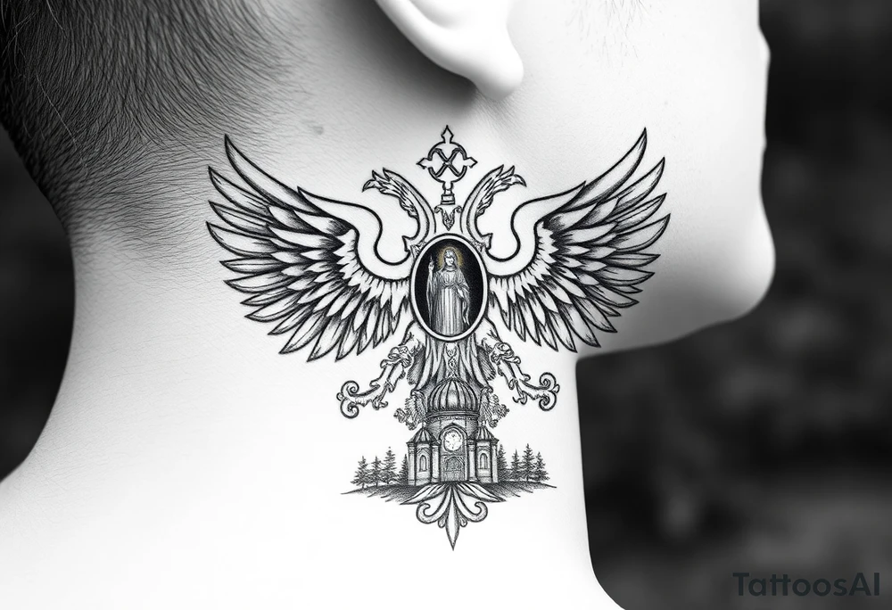 russian coat of arms double headed eagle traditional christian orthodox cross with a virgin mary stood in the entrance of a russian orthodox dome church on the side of the neck in a wilderness setting tattoo idea