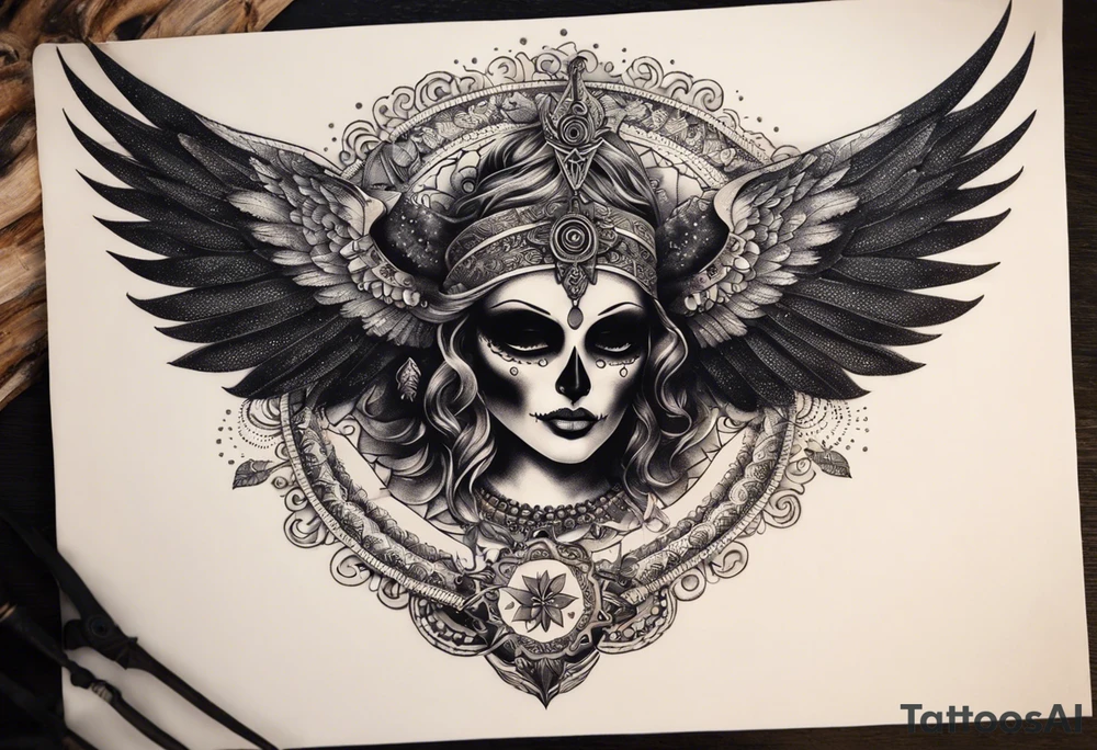 black kali, goddess pirate, alien, angel, pachamama, valkrye, warrior, flying, skull, lotus azul, wing, eagle, zenza resonance, stars, 5D, anahata chakra, death, durga, riding on a tiger, flying lady, kundalini, chest tatoo tattoo idea
