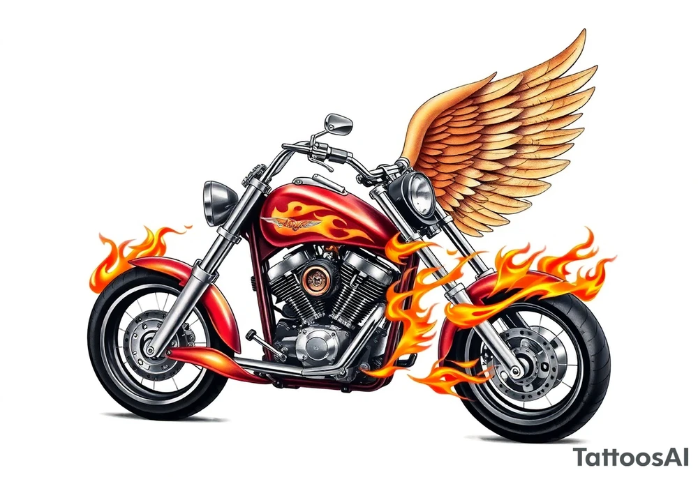 Low rider motorcycle, flames, angel wings tattoo idea