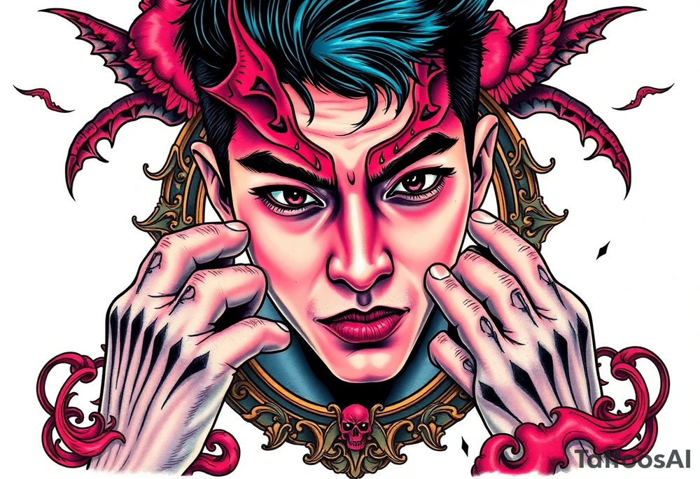 Handsome Asian young guy is looking in cursed mirror and see the evil tattoo idea
