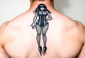 Goth woman with fishnet tights, corset, long nails and stiletto shoes tattoo idea