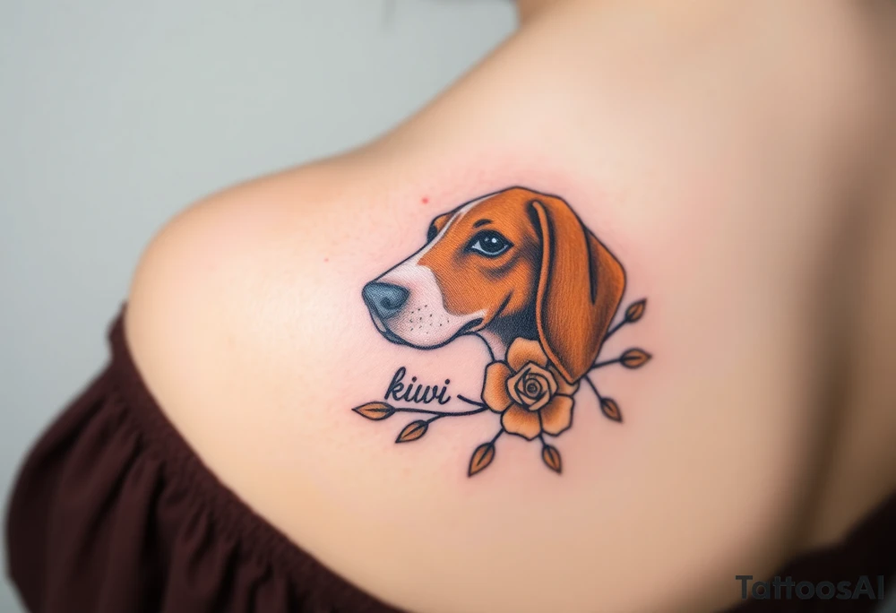 female  hound dog brown  Brindle with white strip going up snout   Slightly off center and pointy ears 
dog with the name kiwi . And a tiny rose around her . With her ears pointy a little big tattoo idea