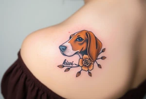 female  hound dog brown  Brindle with white strip going up snout   Slightly off center and pointy ears 
dog with the name kiwi . And a tiny rose around her . With her ears pointy a little big tattoo idea