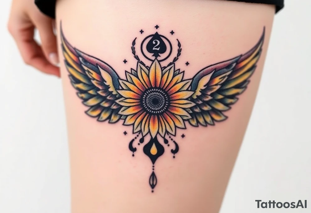 2 of clubs, sunflower, wings, or halo tattoo idea