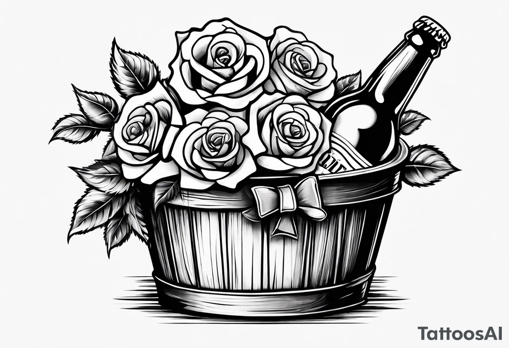 A bottle of beer and a stalk of rose in the bucket tattoo idea