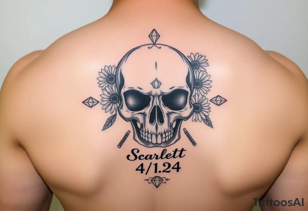 Masculine skull with daisies and diamonds with the name Scarlett on it and the date 4/1/24 tattoo idea