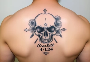 Masculine skull with daisies and diamonds with the name Scarlett on it and the date 4/1/24 tattoo idea