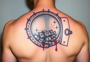 Open vault full of money with splatters of blood tattoo idea