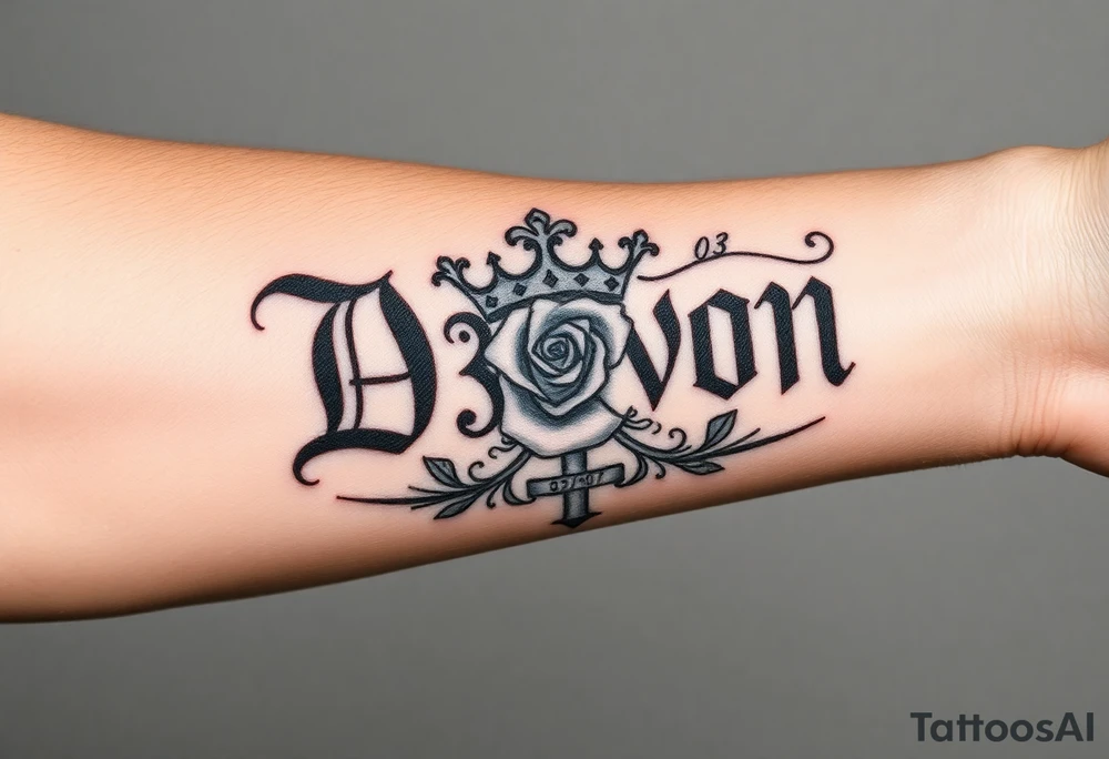 Name D3von with a crown and rose and cross and 03/27/07 tattoo idea