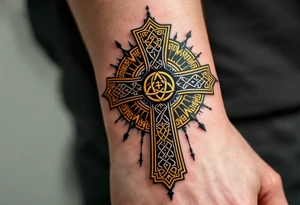 A black and gold Celtic cross, featuring intricate triquetra knots and a radiant golden halo around the center. tattoo idea