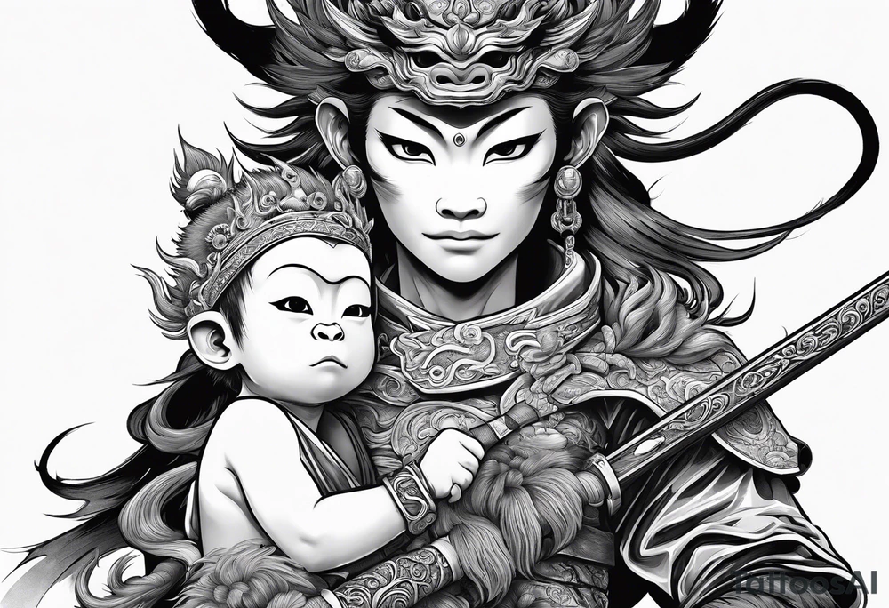 monkey king with weapon, japanese dragon, a shrouded mother holding a baby tattoo idea