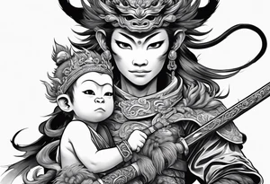 monkey king with weapon, japanese dragon, a shrouded mother holding a baby tattoo idea