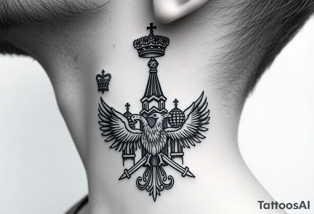 St. George 
3 russian imperial crowns above the Russian coat of arms double eagle
Russian sabre
The Kremlin or St. Basil's Cathedral scene 
on the side of my neck tattoo idea