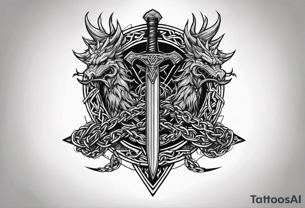 Valhalla sword shield dragon axe Valknut barbed wire chains tattoo idea