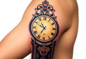 A timeless grandfather clock with delicate engravings, with the birth time and date "02. 03. 2020" and name "Oskar" - glowing in soft golden light, in warm sepia and gold hues tattoo idea