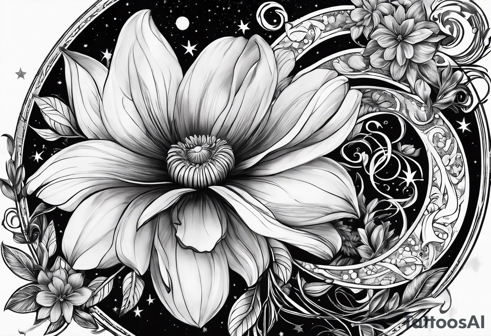 A eternal love flower with the name “Samson” in cursive with moon phases and stars tattoo idea