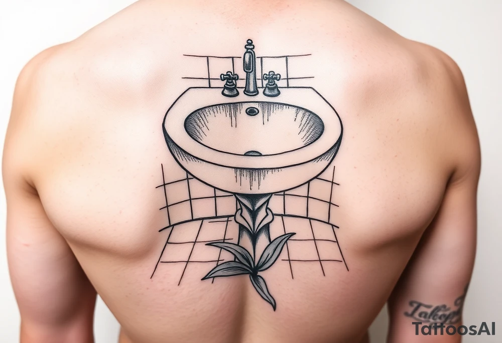 bathroom sink on tile floor with lily coming up out of the floor tattoo idea