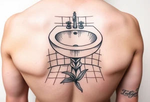 bathroom sink on tile floor with lily coming up out of the floor tattoo idea