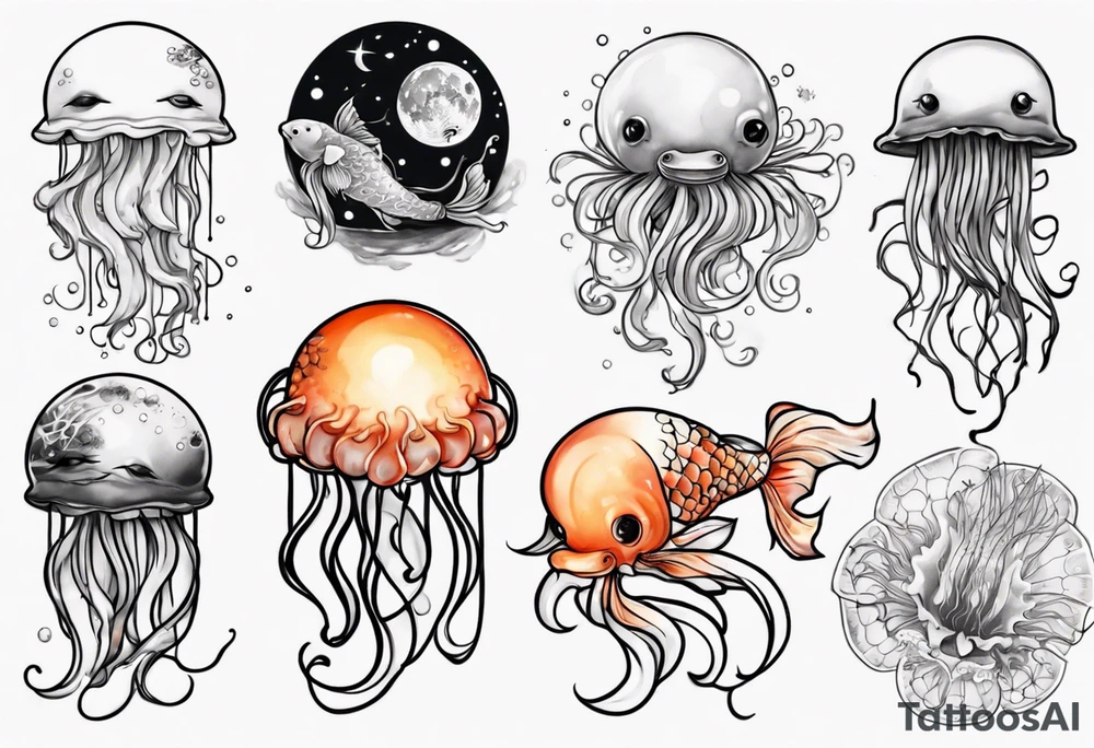 1 jellyfish with the moon in the lid. Then with mini koi carp and jellyfish swimming amongst the tentacles tattoo idea