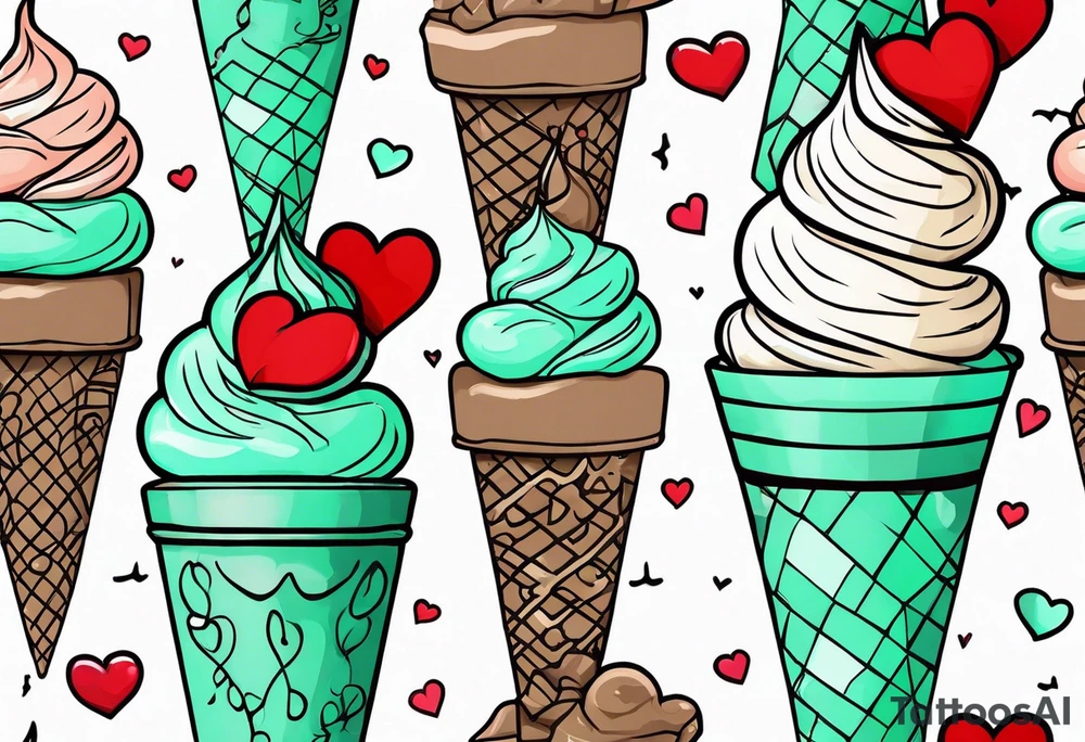 simple mint chocolate chip ice cream cone with small red heart on it somewhere. tattoo idea