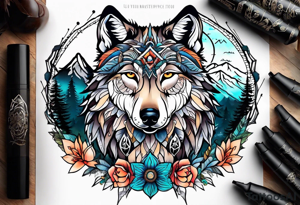 A whimsical wolf tattoo featuring mandala or dream catcher elements, with the wolf as the central focus, surrounded by mountains in the background. Include flowers and nature elements to fill the space around the wolf. tattoo idea