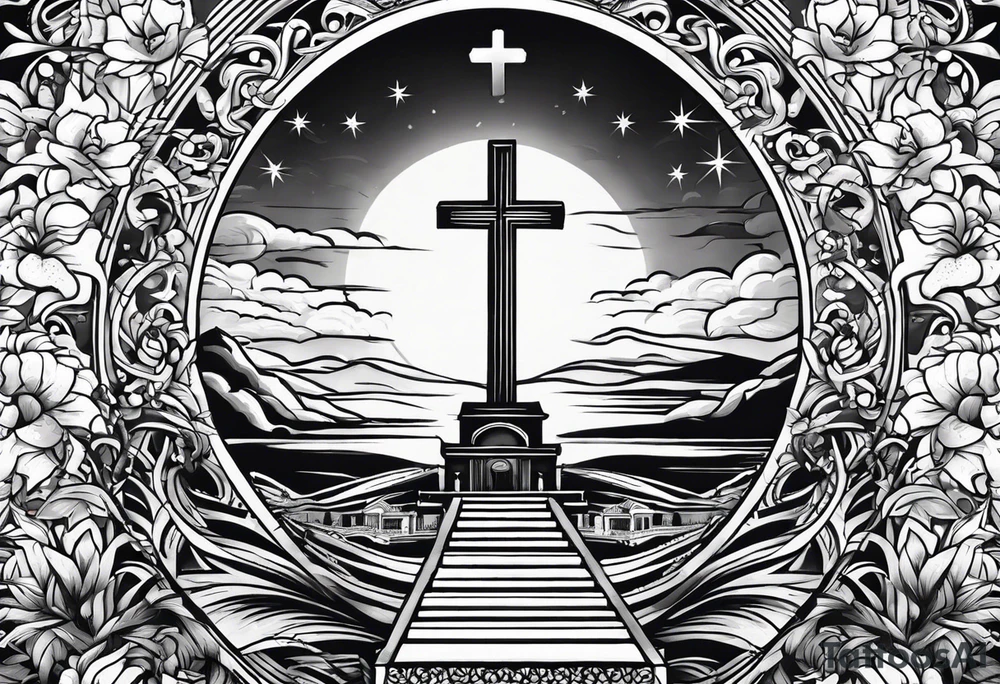 Tomb with cross and sun in the background tattoo idea