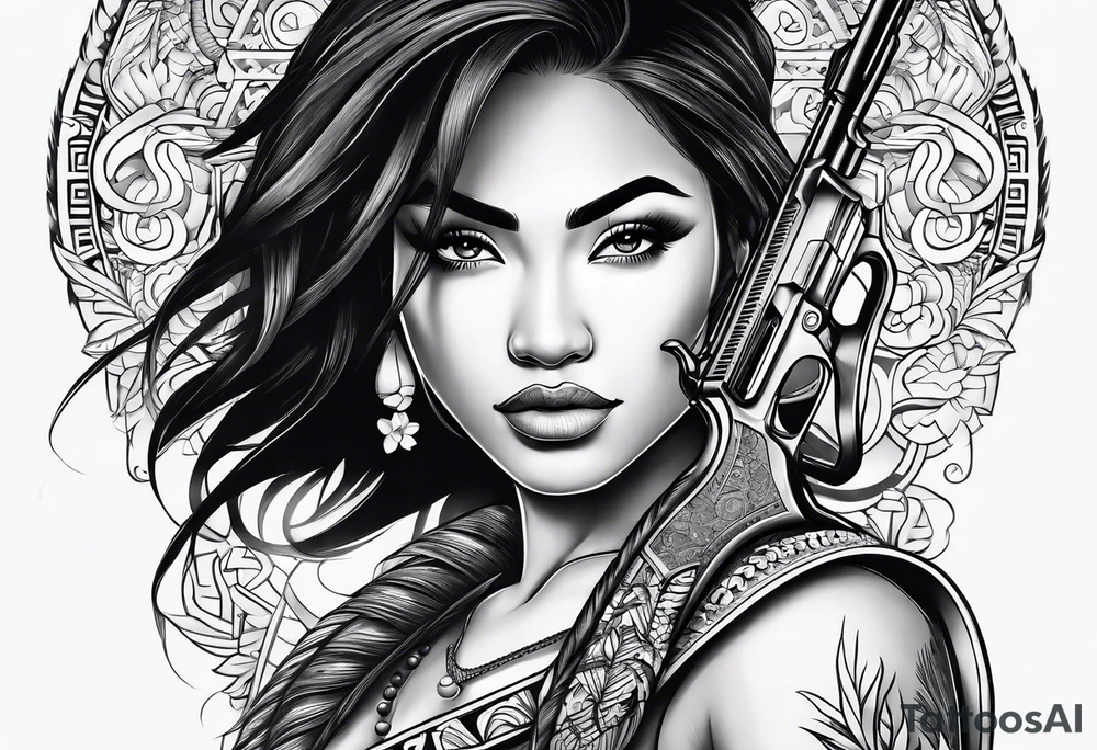 polynesian girl plays with gun tattoo idea