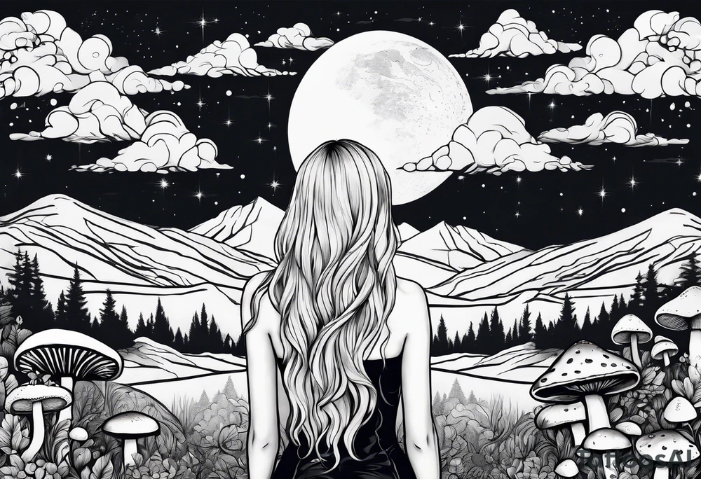 Straight blonde hair girl facing away mountains surrounded by mushrooms crescent moon tattoo idea