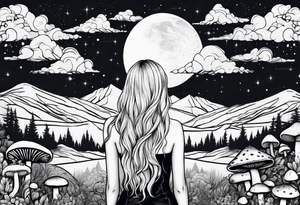 Straight blonde hair girl facing away mountains surrounded by mushrooms crescent moon tattoo idea