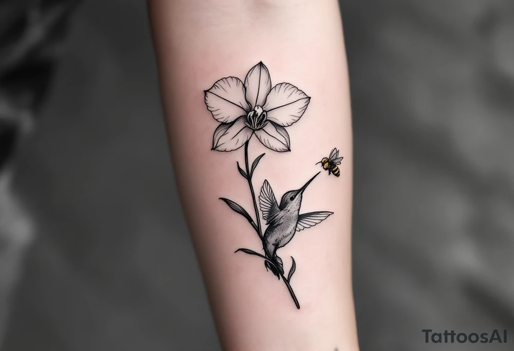 A delicate, black and white fine-line tattoo for male, featuring gracefully detailed 2 orchids in full bloom including their stems, with soft, intricate petals and elegant curves. Beside it, a hummingbird hovers mid-flight, its wings drawn with subtle motion lines, its slender beak reaching toward the orchid’s center to drink its nectar. on the other flower there is a bee that is resting tattoo idea