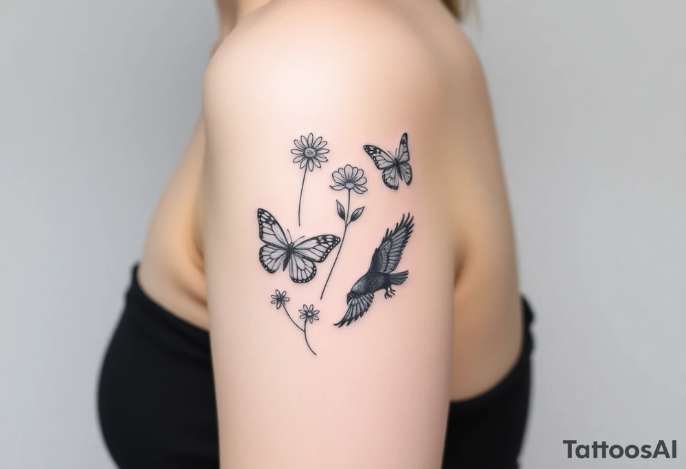Show me an upper arm/shoulder/shoulder blade tattoo design with a birth flower for July, July, January, September, and 3 butterflies, and a raven and an eagle tattoo idea