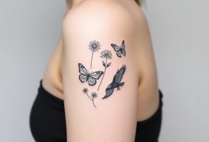 Show me an upper arm/shoulder/shoulder blade tattoo design with a birth flower for July, July, January, September, and 3 butterflies, and a raven and an eagle tattoo idea