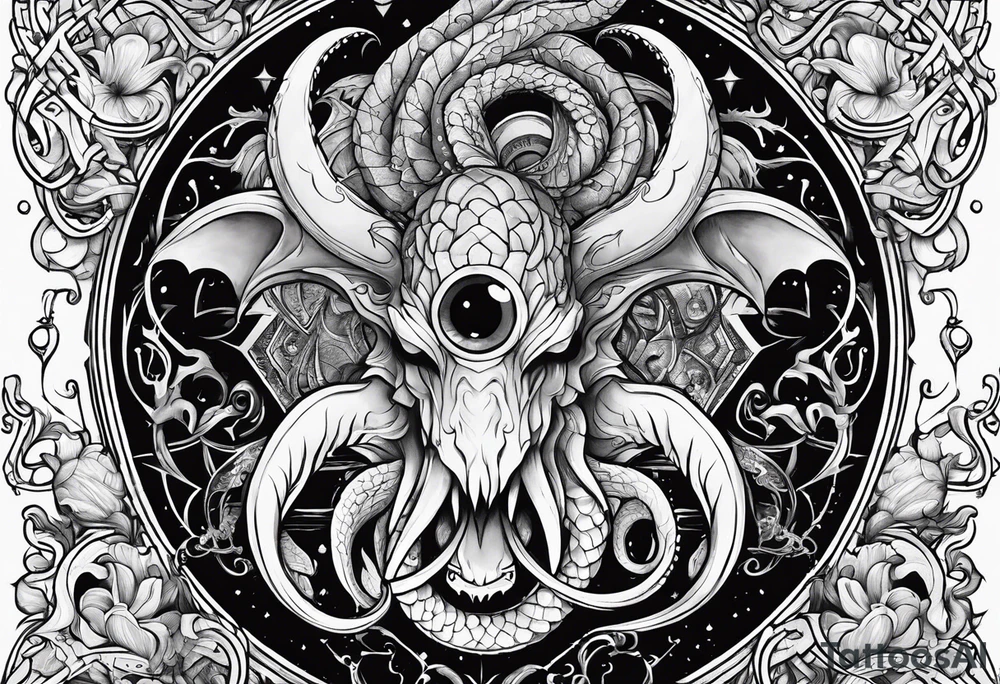 Vertical full sleeve. Lovecraftian creature, protecting a token of love. tattoo idea