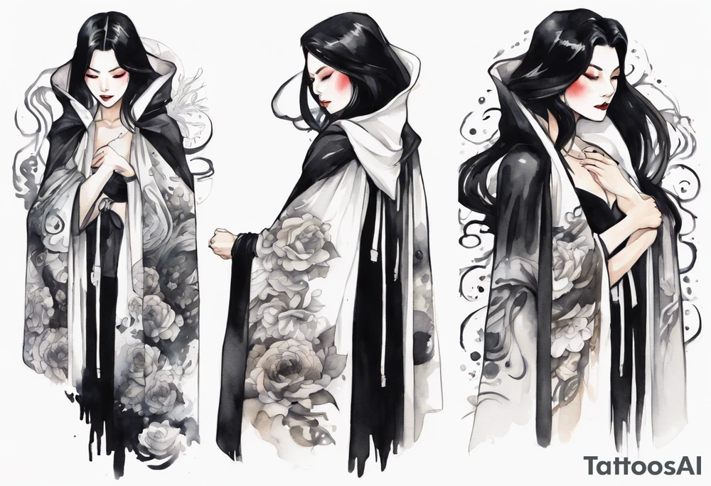 a 50-year-old black-haired woman dressed in a black and white cloak, at night tattoo idea