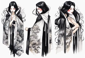 a 50-year-old black-haired woman dressed in a black and white cloak, at night tattoo idea
