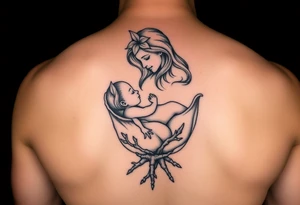 Mère assise qui allaite son bébé, la mère à une fleur de lys sur la tête et des racines d’arbre de vie à ses pieds elle est enveloppé dans un œuf tattoo idea