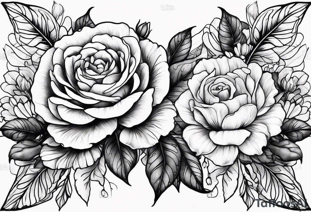 create delicate sketch of a floral tattoo with roses and marigold flowers tattoo idea
