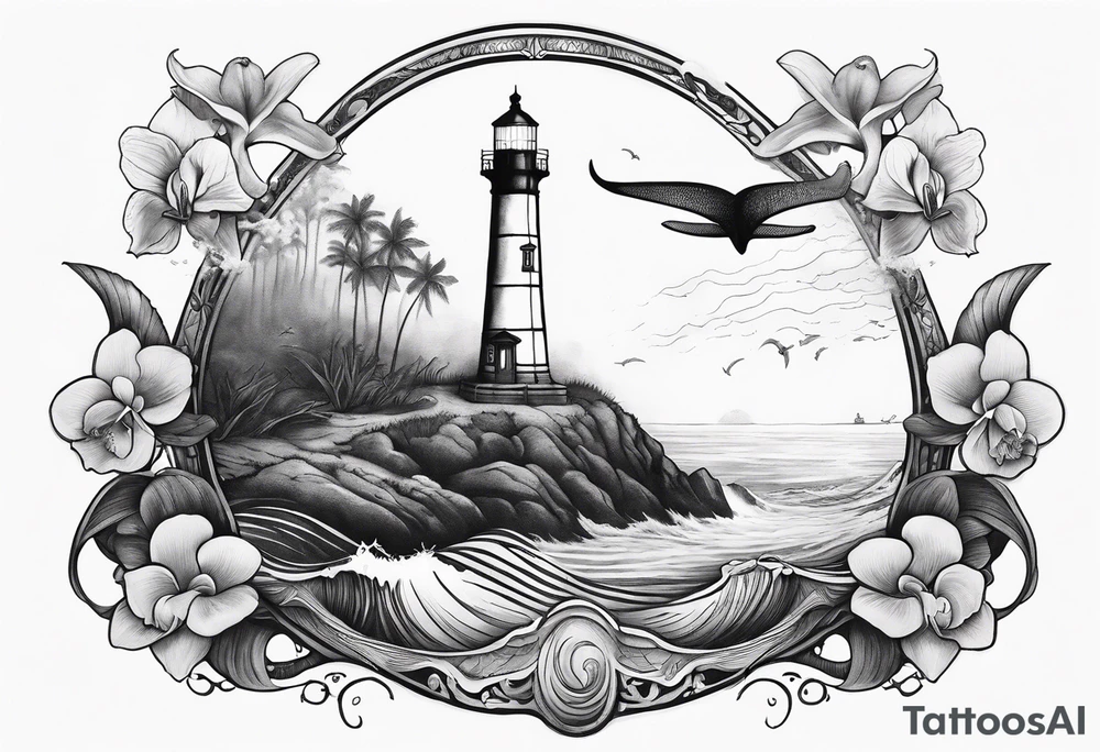 Lighthouse on a beach with light on in the fog and a humpback whale's tail sticking out of the water of the ocean with a border containing an anchor and orchids tattoo idea