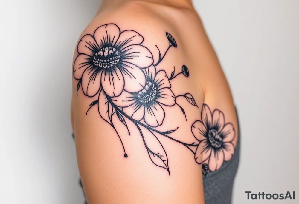 Desenhe uma tatuagem que simbolize uma mulher feminista de 41 anos, mãe de dois filhos homens, independente e filósofa inspirada nas teorias de Deleuze. A tatuagem deve expressar força, liberdade e conexão com a multiplicidade da vida, incorporando elementos abstratos e fluidos, com linhas que sugiram movimento e transformação contínua. Evite clichês e busque um design original e significativo. A tatuagem deve coobrir todo braço superior. Use flores. tattoo idea