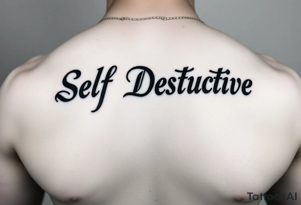 Outline of the words Self Destructive in a bold and thick gothic black letter cursive/ curly font lettering across the chest tattoo idea