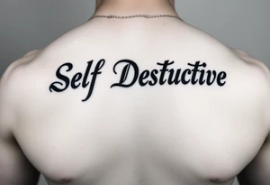 Outline of the words Self Destructive in a bold and thick gothic black letter cursive/ curly font lettering across the chest tattoo idea