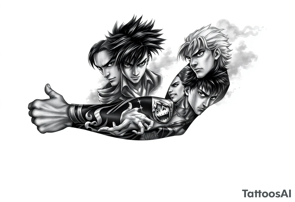 Full anime sleeve tattoo in black and grey realism, featuring intense anime characters with sharp shading, dramatic lighting, and high contrast. Multiple characters integrated seamlessly along the arm, with overlapping panels, bold linework, and detailed facial expressions. Dark shadows and smoky effects in the background for depth. Masculine and dynamic style, designed as a complete arm sleeve tattoo idea