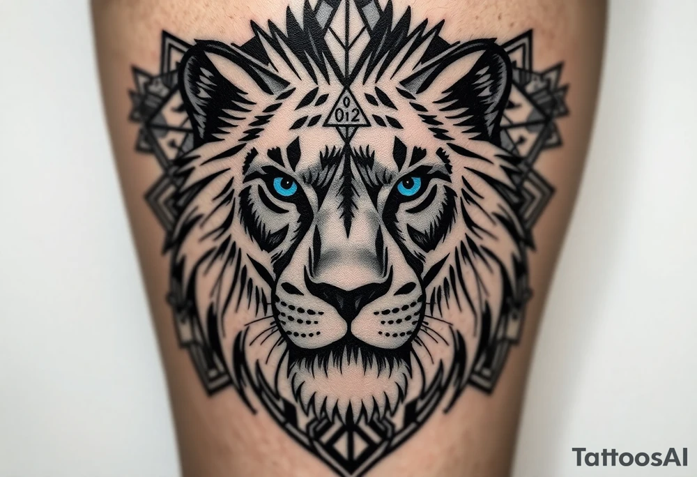 Lions face in a more realism style. Placement is on the back of the leg. Blend elements of curiosity and exploration through nature elements (forest, water, etc). Also add in geometric patterns around the lion. Make the eyes blue. Hide the date 03.12.2025 in Roman numerals somewhere in the geometric patterns. Think real hard and creatively tattoo idea