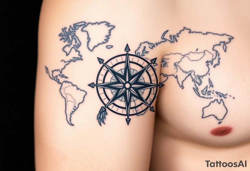 antique compass rose overlaid on weathered world map with sailing ships tattoo idea