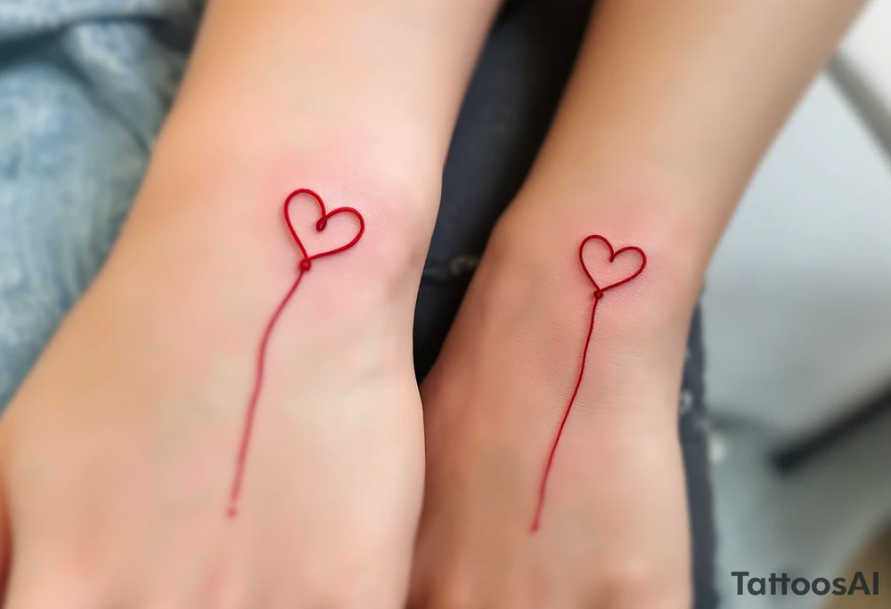 One wears a heart with red string of fate, the other the string continuing into their hand, connecting both wrists. tattoo idea