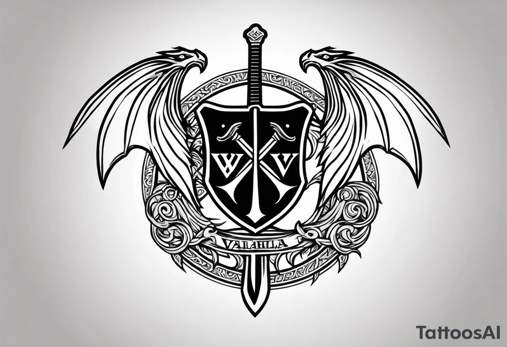 Valhalla sword shield dragon axe tattoo idea